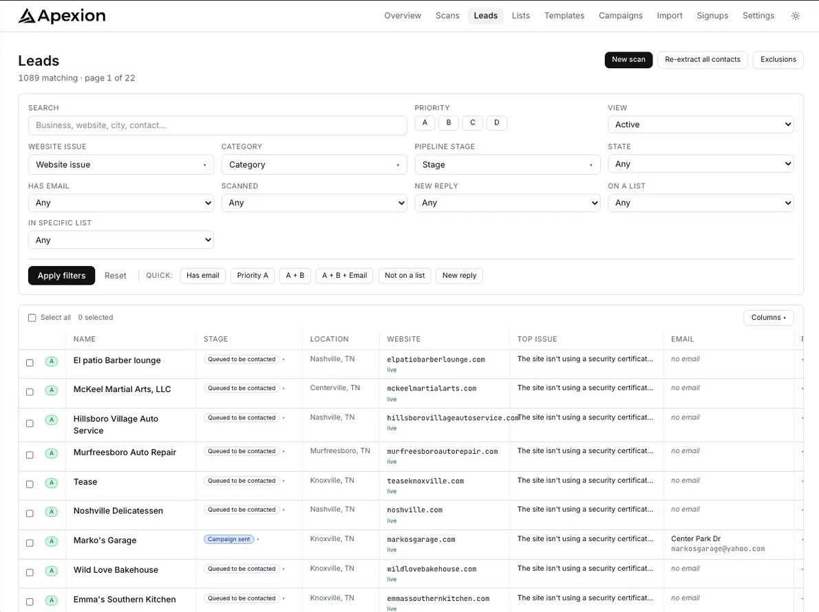 Apexion leads dashboard