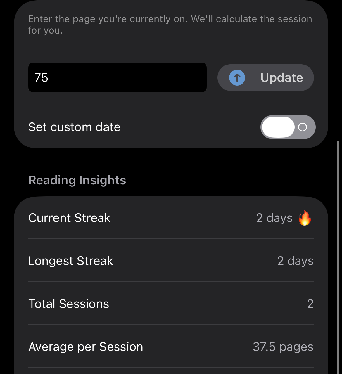 Reading insights, streaks, sessions, pages logged