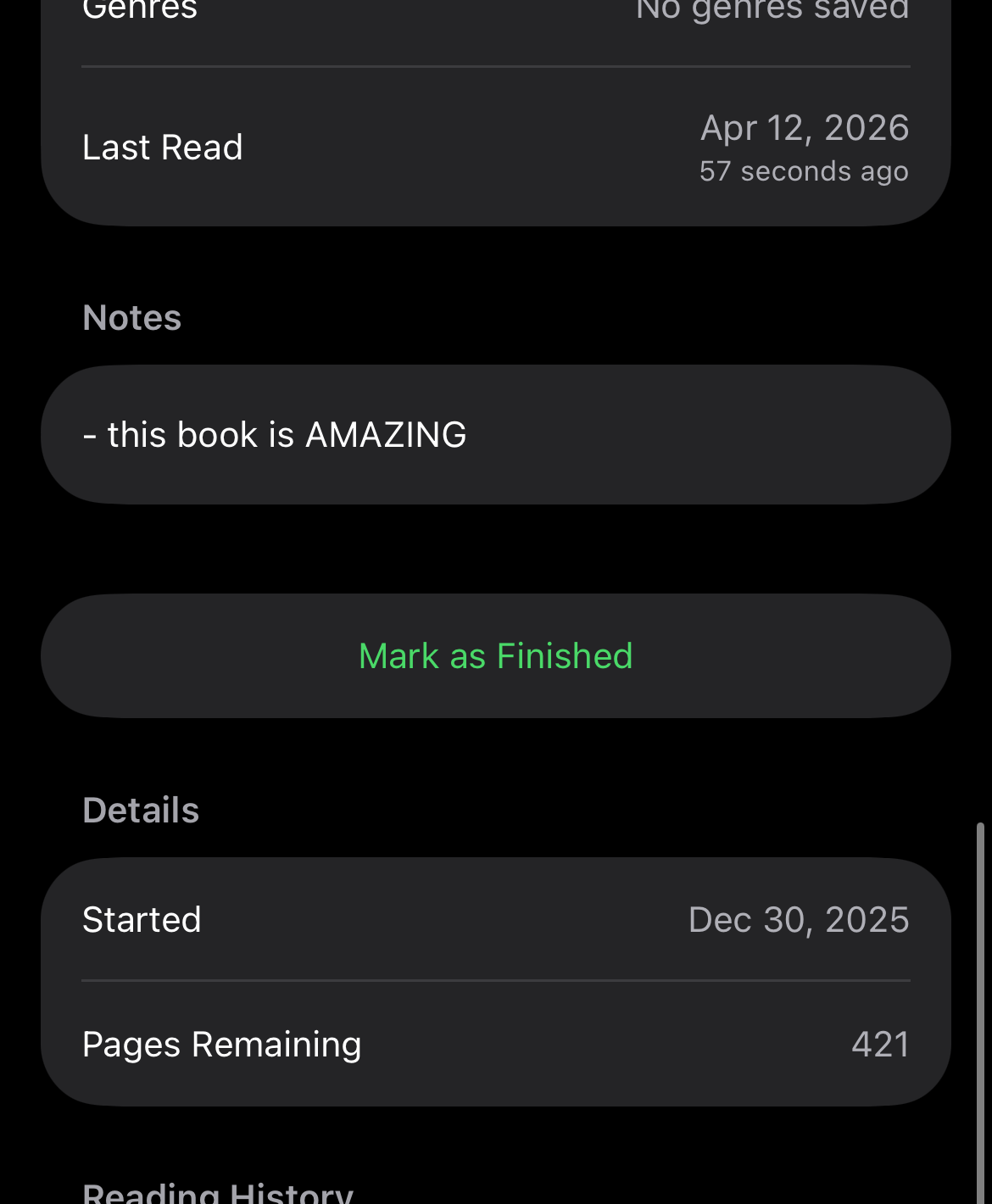 Per-book notes and reading history