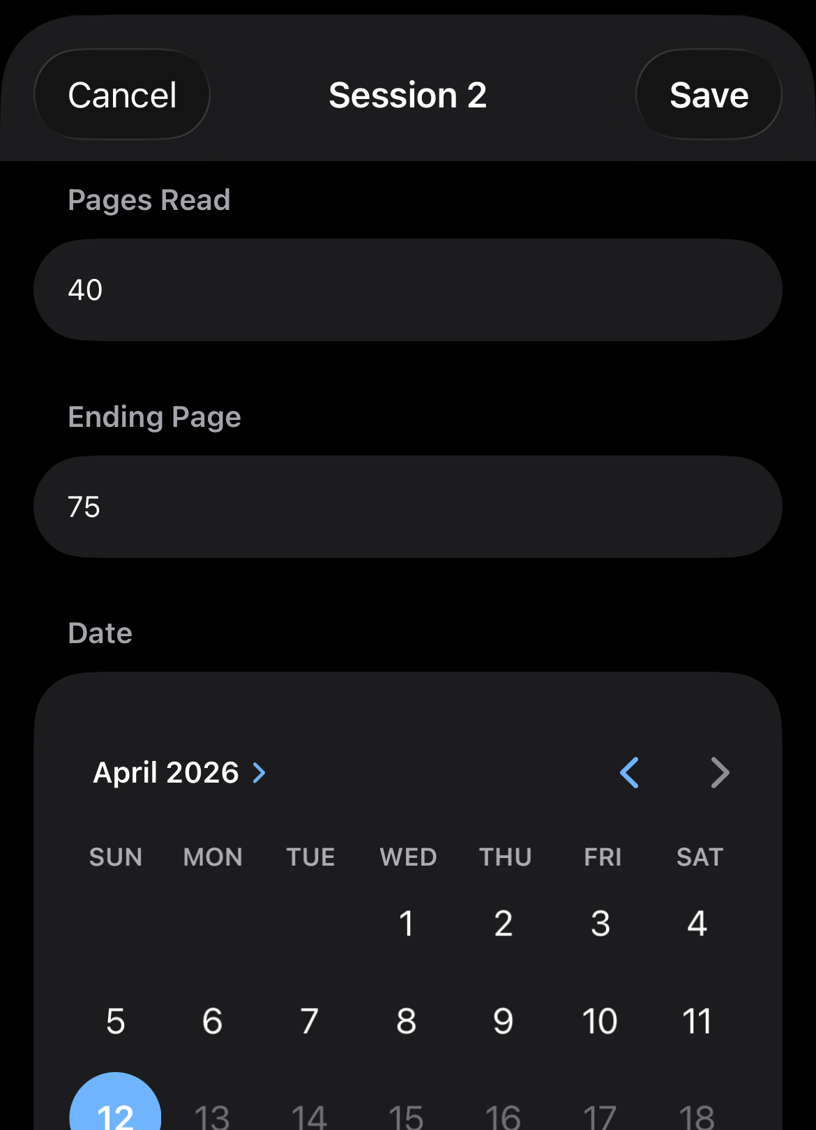 Logging a reading session with pages and date