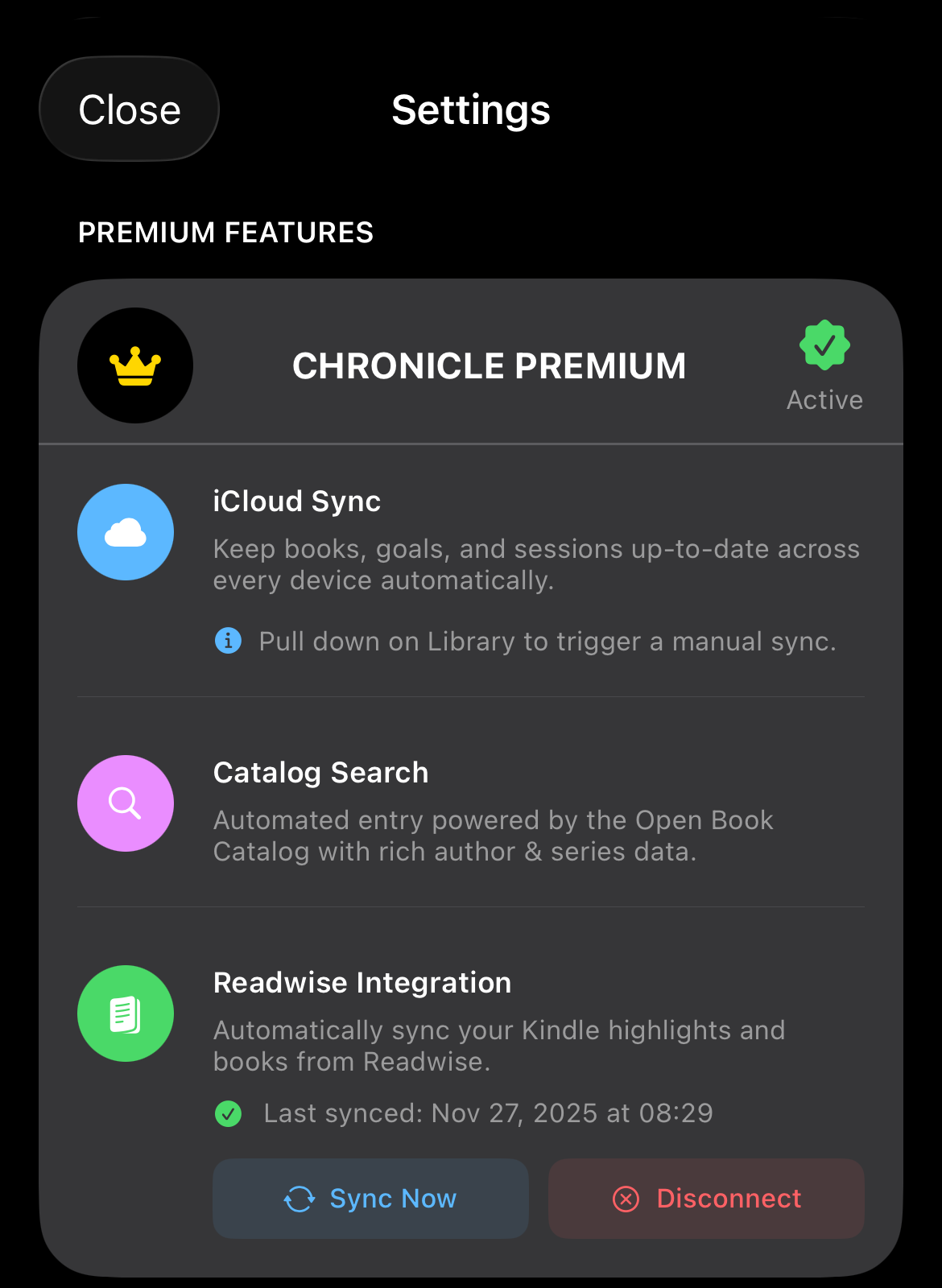 Settings, premium features including iCloud sync and Readwise